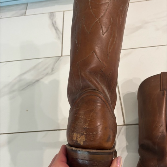 Tony Lama Brown Cowboy Boots with Rounded Toe and Stitching - Picture 6 of 7